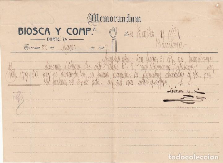 Cartas comerciales: 5 DOCUMENTOS COMERCIALES DE BIOSCA Y COMP. EN TERRASSA - 1907 - Foto 3