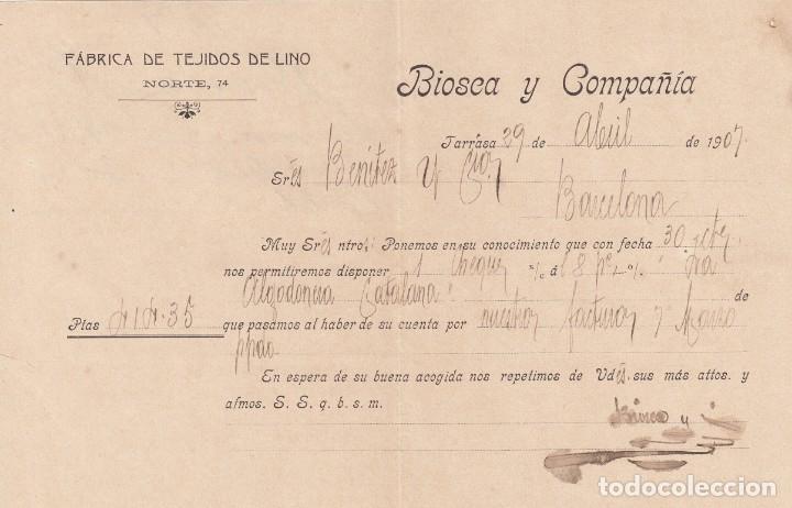 Cartas comerciales: 5 DOCUMENTOS COMERCIALES DE BIOSCA Y COMP. EN TERRASSA - 1907 - Foto 4