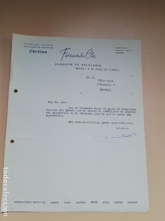 Lettres commerciales: CARTA COMERCIAL. ALMACEN DE RELOJERIA. FERNANDO CLER. MADRID. 1959.