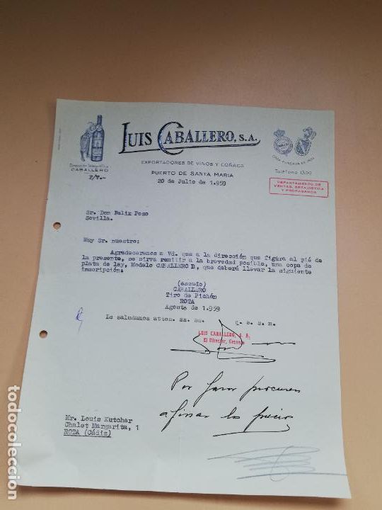 Lettres commerciales: CARTA COMERCIAL. EXPORTADORES DE VINOS Y CO&Ntilde;ACS. LUIS CABALLERO. PUERTO DE SANTA MARIA, CADIZ. 1959.