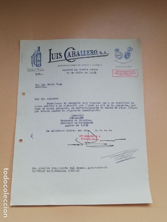 Lettres commerciales: CARTA COMERCIAL. EXPORTADORES DE VINOS Y CO&Ntilde;ACS. LUIS CABALLERO. PUERTO DE SANTA MARIA, CADIZ. 1959.