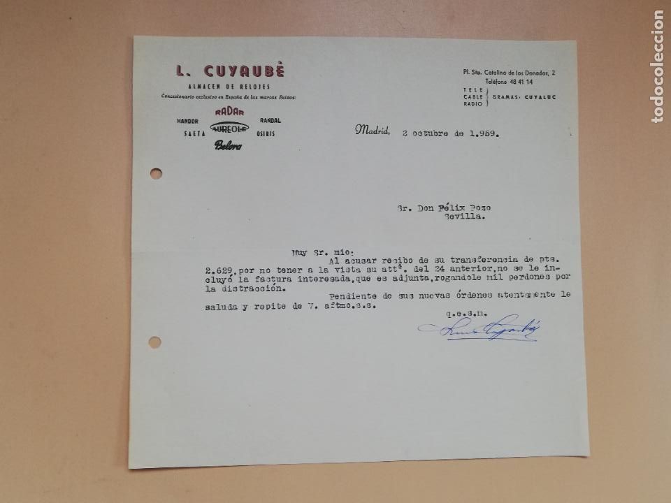 Lettres commerciales: CARTA COMERCIAL. ALMACEN DE RELOJES. RADAR, SAETA, HANDOR, OSIRIS. L. CUYAUBE. MADRID. 1959.