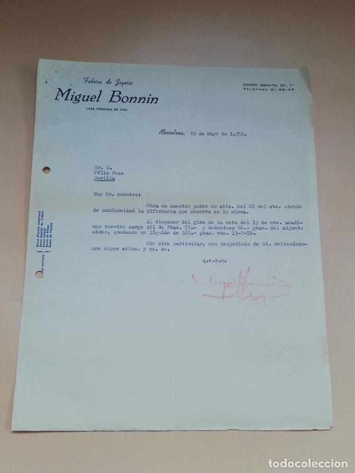 Gesch&auml;ftsbriefe: CARTA COMERCIAL. MIGUEL BONNIN. FABRICA DE JOYERIA. BARCELONA. 1959.