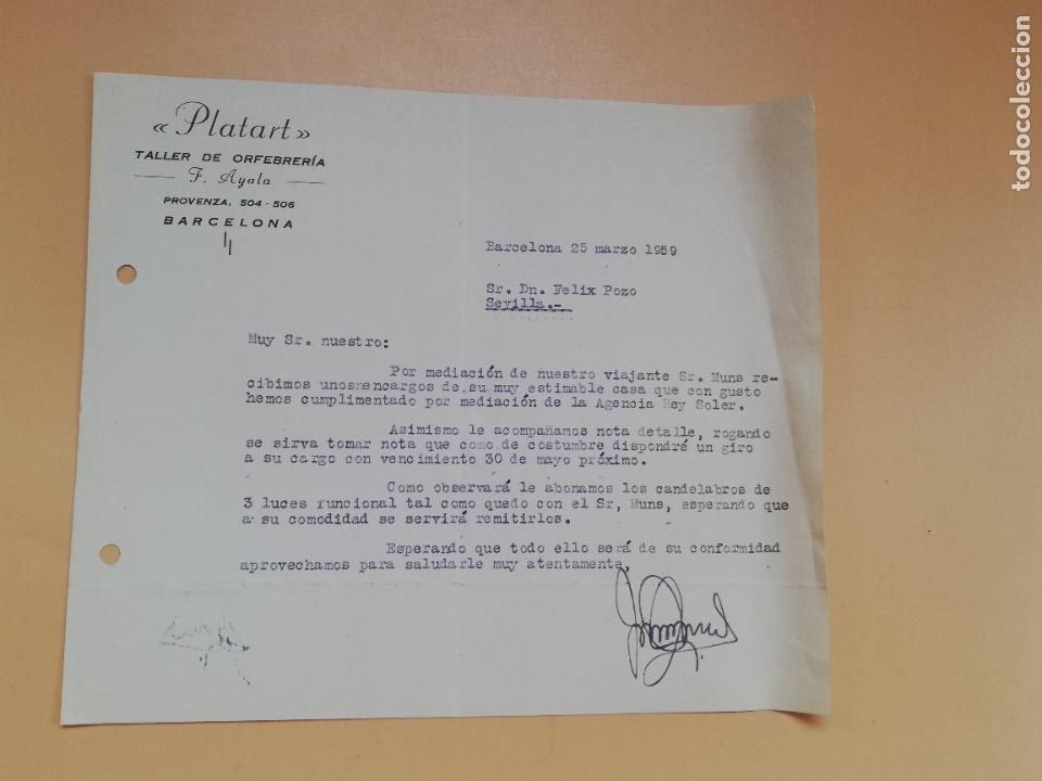 Gesch&auml;ftsbriefe: CARTA COMERCIAL. PLATART. TALLER DE ORFEBRERIA. BARCELONA. 1959.