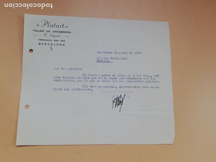 Gesch&auml;ftsbriefe: CARTA COMERCIAL. PLATART. TALLER DE ORFEBRERIA. BARCELONA. 1959.
