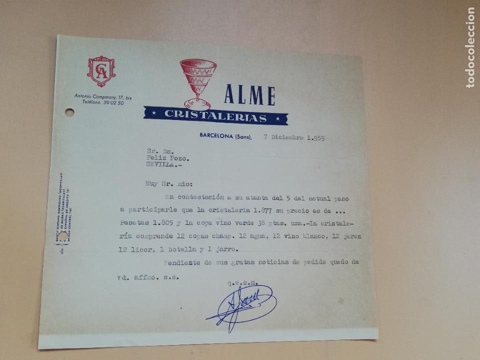 Gesch&auml;ftsbriefe: CARTA COMERCIAL. ALME. CRISTALERIAS. BARCELONA. 1959.