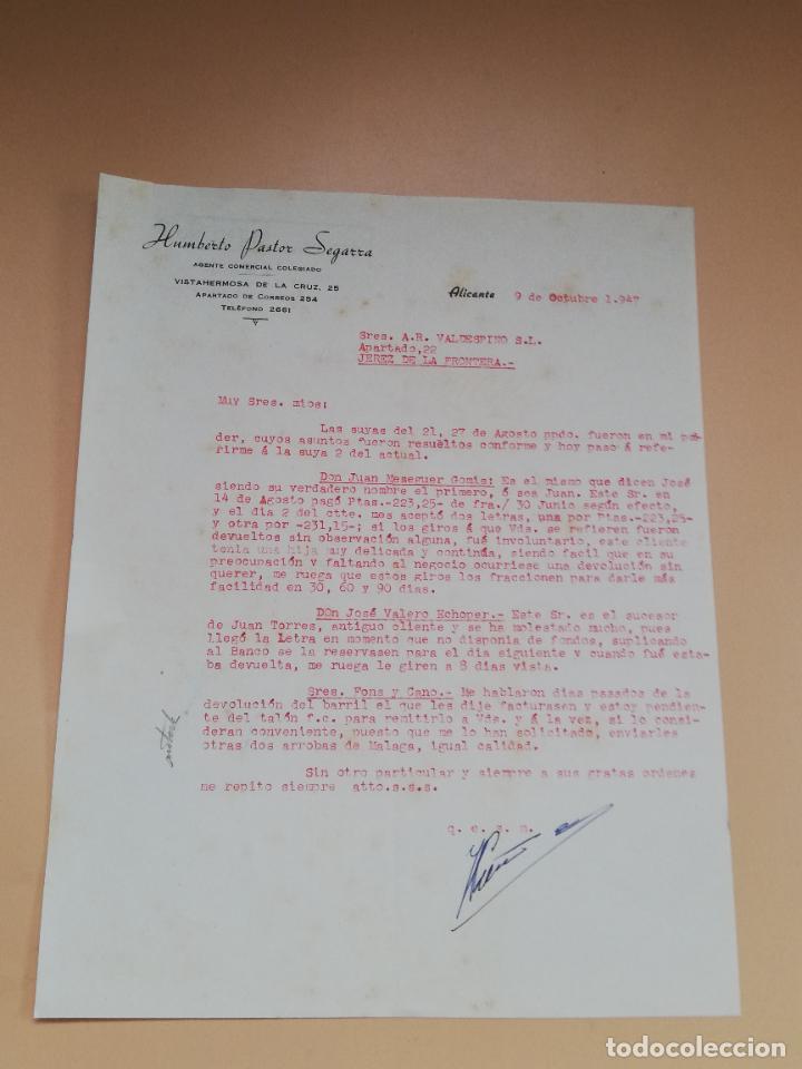 Gesch&auml;ftsbriefe: CARTA COMERCIAL. HUMBERTO PASTOR SEGARRA, AGENTE COMERCIAL COLEGIADO. ALICANTE. 1947.