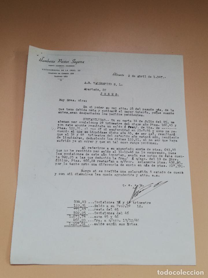 Gesch&auml;ftsbriefe: CARTA COMERCIAL. HUMBERTO PASTOR SEGARRA, AGENTE COMERCIAL COLEGIADO. ALICANTE. 1947.