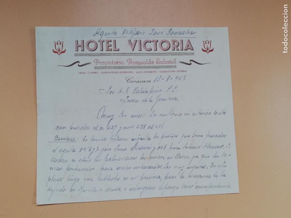 Gesch&auml;ftsbriefe: CARTA COMERCIAL. HOTEL VICTORIA. CARAVACA. 1947.