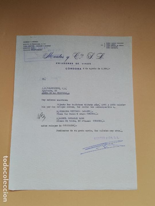 Gesch&auml;ftsbriefe: CARTA COMERCIAL. CRIADORES DE VINOS. MONTES Y C&ordf;., S. L CORDOBA. 1964.