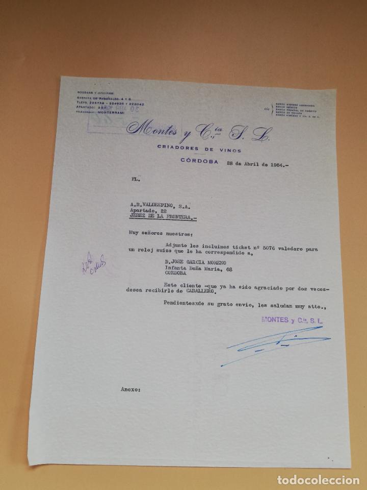 Lettres commerciales: CARTA COMERCIAL. CRIADORES DE VINOS. MONTES Y C&ordf;., S. L CORDOBA. 1964.