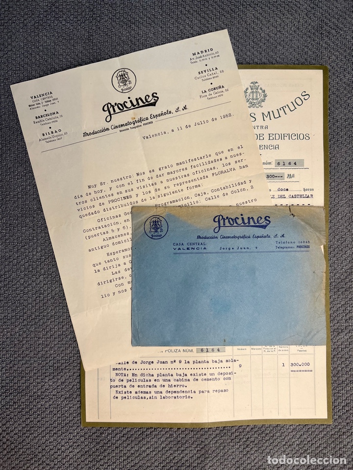 Lettres commerciales: PROCINES, Producci&oacute;n Cinematogr&aacute;fica Espa&ntilde;ola. Valencia (a.1952) Nuevas oficinas y Seguros Mutuos