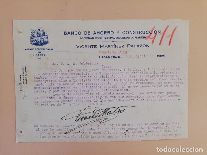 Lettres commerciales: CARTA COMERCIAL. BANCO DE AHORRO Y CONSTRUCCION. VICENTE MARTINEZ PALAZON. LINARES, JAEN. 1926.