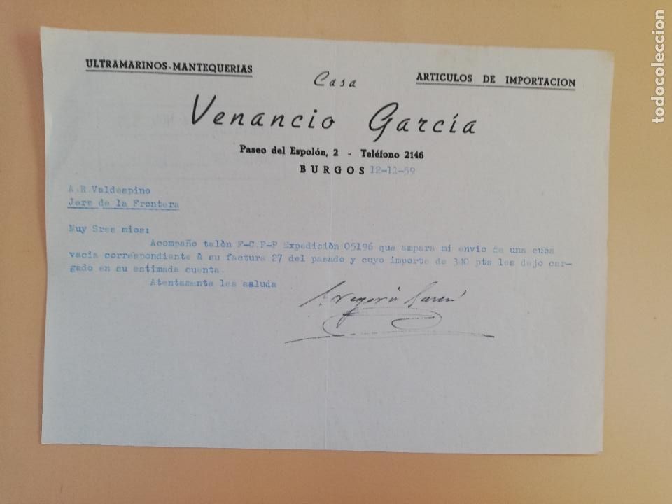 Lettres commerciales: CARTA COMERCIAL. VENANCIO GARCIA. ULTRAMARINOS- MANQUETERIAS. BURGOS. 1959.
