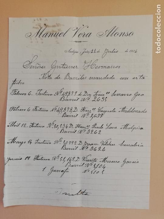 Lettres commerciales: CARTA COMERCIAL. MANUEL VERA ALONSO. ANDUJAR, JAEN. 1926.
