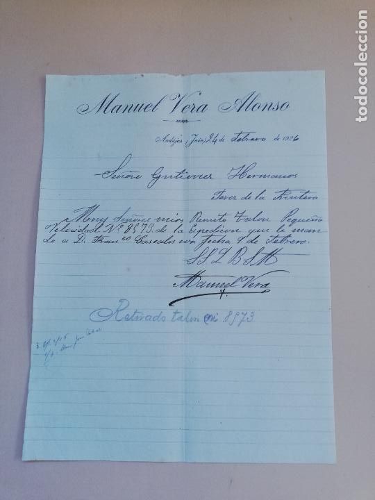 Lettres commerciales: CARTA COMERCIAL. MANUEL VERA ALONSO. ANDUJAR, JAEN. 1926.