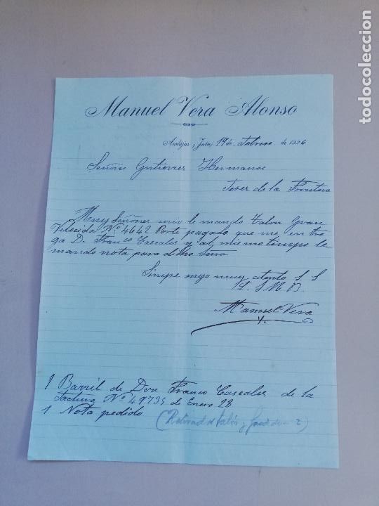 Lettres commerciales: CARTA COMERCIAL. MANUEL VERA ALONSO. ANDUJAR, JAEN. 1926.