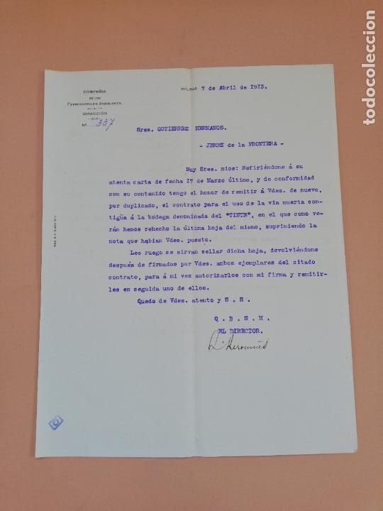 Commercial Letters: CARTA COMERCIAL. COMPA&Ntilde;IA DE LOS FERROCARRILES ANDALUCES. MALAGA. 1913.