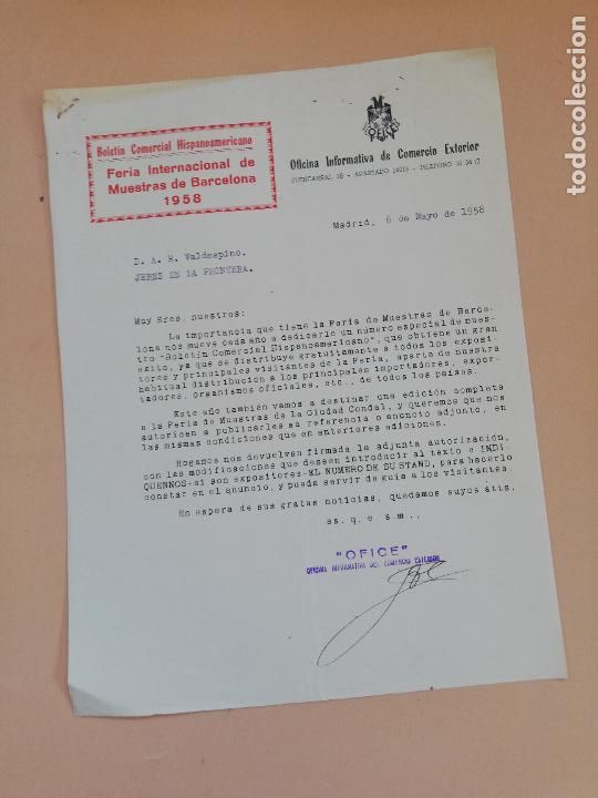 Cartas comerciais: CARTA COMERCIAL. FERIA INTERNACIONAL DE MUESTRAS DE BARCELONA. MADRID. 1958.