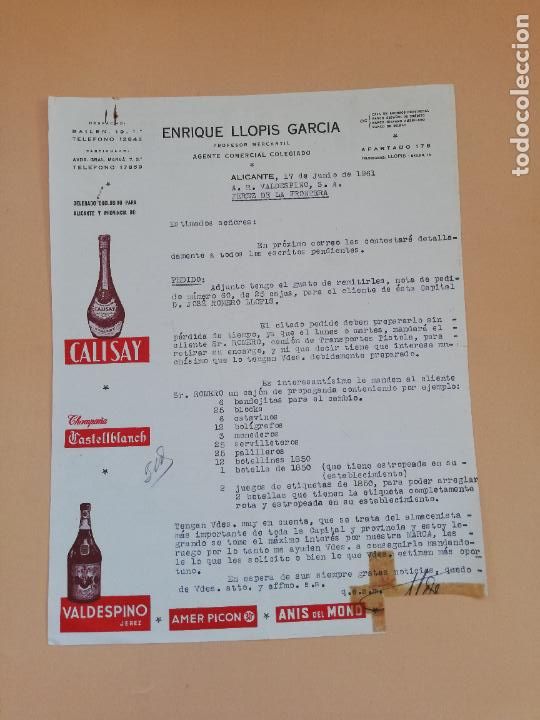 Cartas comerciais: CARTA COMERCIAL. ENRIQUE LLOPIS GARCIAS. PROFESOR MERCANTIL. AGENTE COMERCIAL. ALICANTE. 1961.