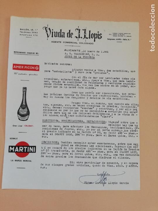Cartas comerciais: CARTA COMERCIAL. VIUDA DE LLOPIS. AGENTE COMERCIAL COLEGIADO. ALICANTE. 1961.