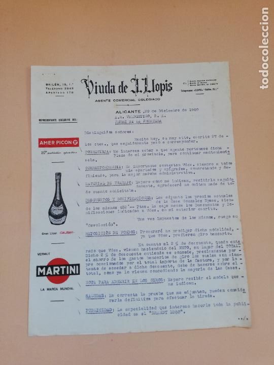 Cartas comerciais: CARTA COMERCIAL. VIUDA DE LLOPIS. COMERCIAL COLEGIADO. MARTINI. AMER PICON. ALICANTE. 1961.