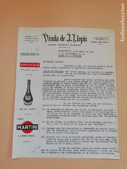 Cartas comerciais: CARTA COMERCIAL. VIUDA DE LLOPIS. COMERCIAL COLEGIADO. MARTINI. AMER PICON. ALICANTE. 1961.
