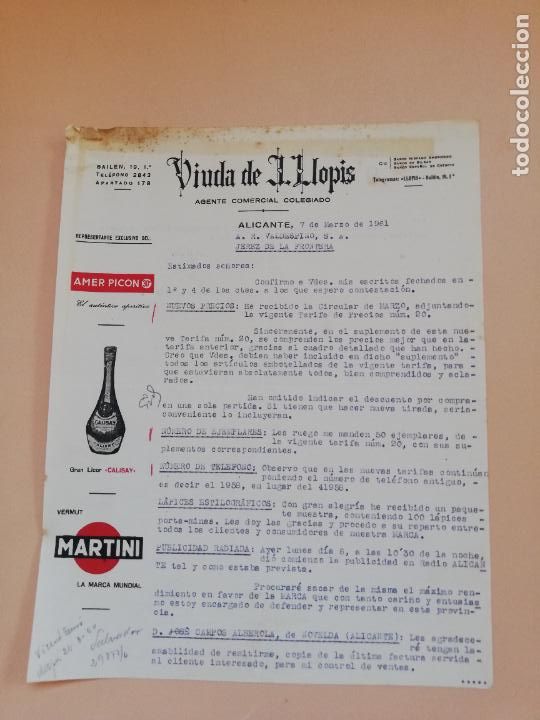 Cartas comerciais: CARTA COMERCIAL. VIUDA DE LLOPIS. COMERCIAL COLEGIADO. MARTINI. AMER PICON. ALICANTE. 1961.