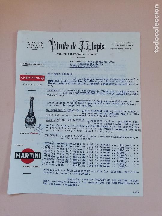 Cartas comerciais: CARTA COMERCIAL. VIUDA DE LLOPIS. COMERCIAL COLEGIADO. MARTINI. AMER PICON. ALICANTE. 1961.