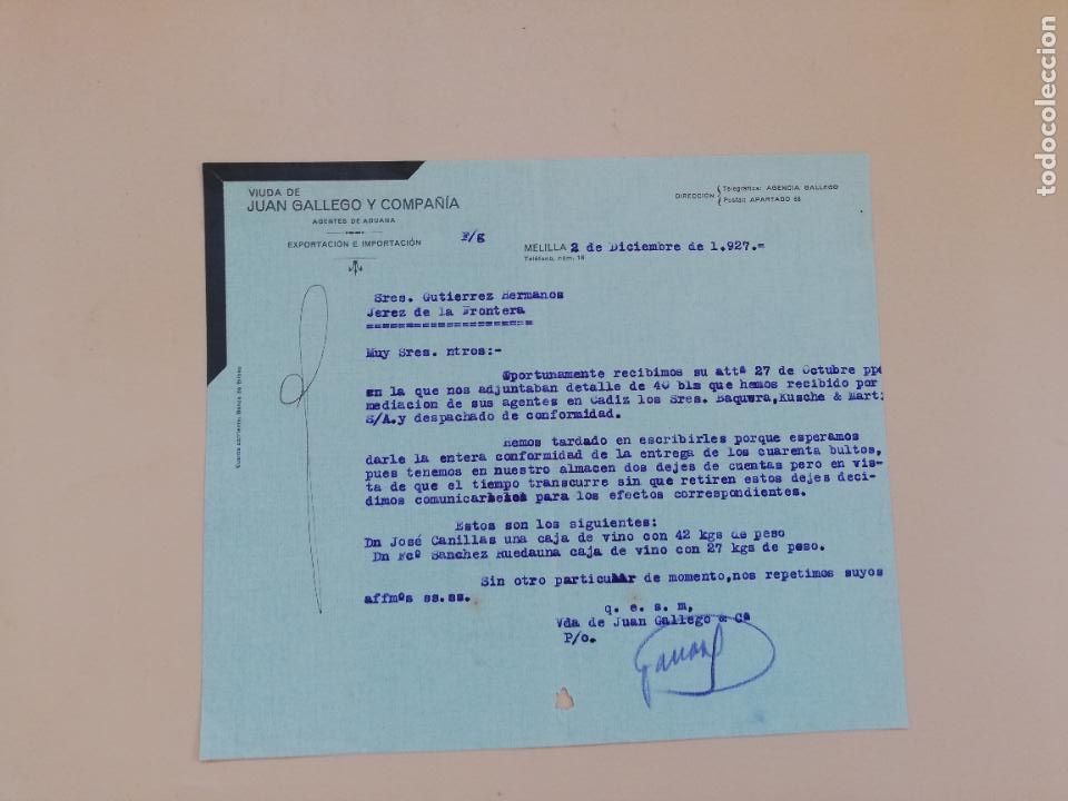 Cartas comerciais: CARTA COMERCIAL. VIUDA DE JUAN GALLEGO Y COMPA&Ntilde;IA. AGENTES DE ADUANAS. MELILLA. 1927.