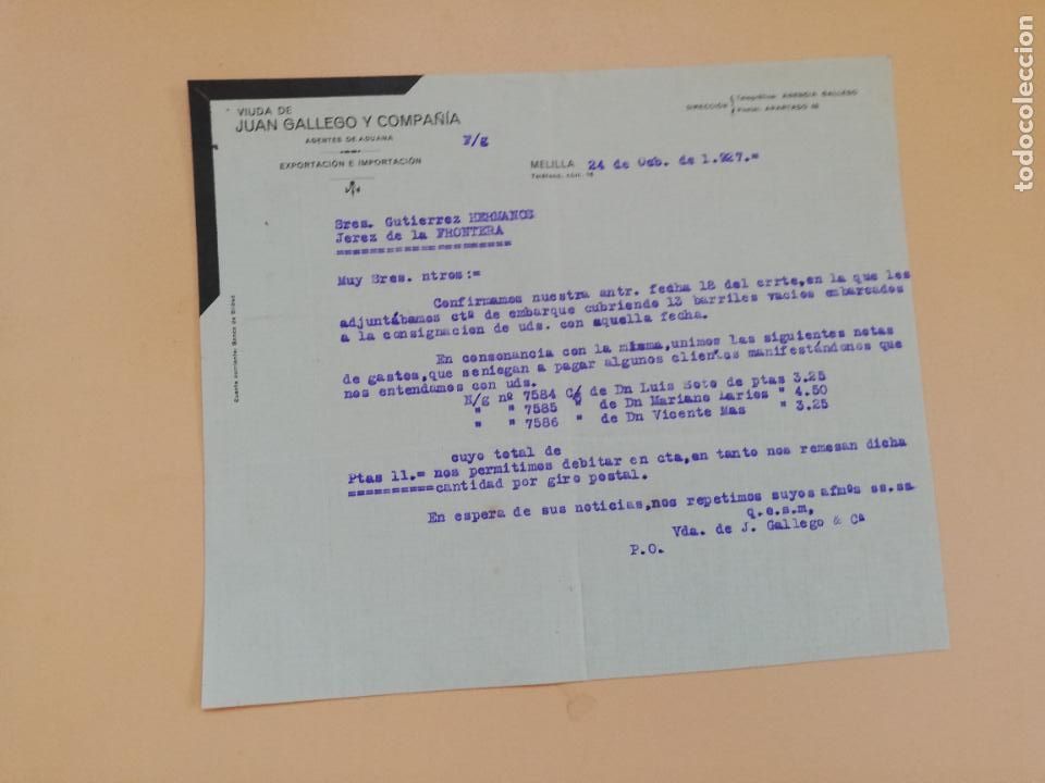 Cartas comerciais: CARTA COMERCIAL. VIUDA DE JUAN GALLEGO Y COMPA&Ntilde;IA. AGENTES DE ADUANAS. MELILLA. 1927.