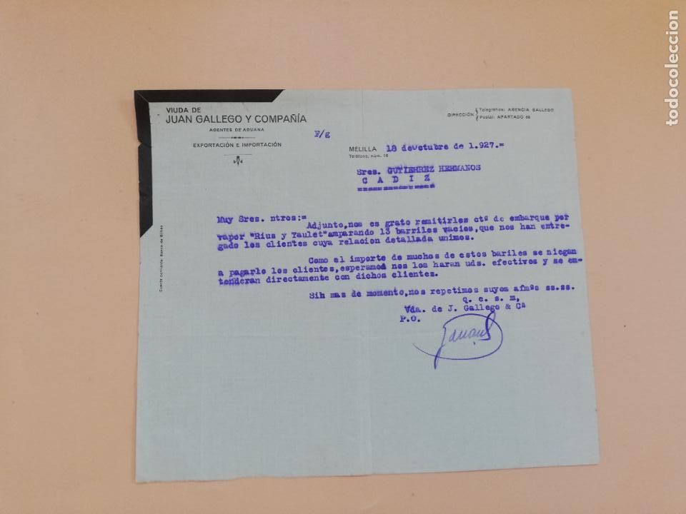 Cartas comerciais: CARTA COMERCIAL. VIUDA DE JUAN GALLEGO Y COMPA&Ntilde;IA. AGENTES DE ADUANAS. MELILLA. 1927.