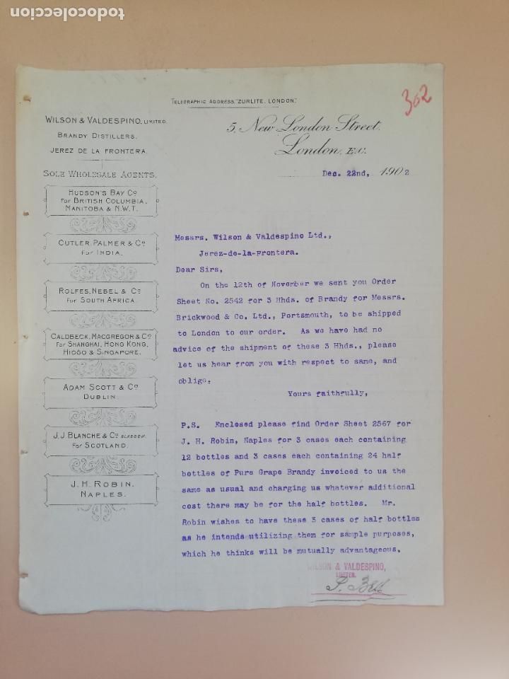Cartas comerciais: CARTA COMERCIAL. WILSON & VALDESPINO. LIMITED. BRANDY DISTILLERS. LONDON, 1902.