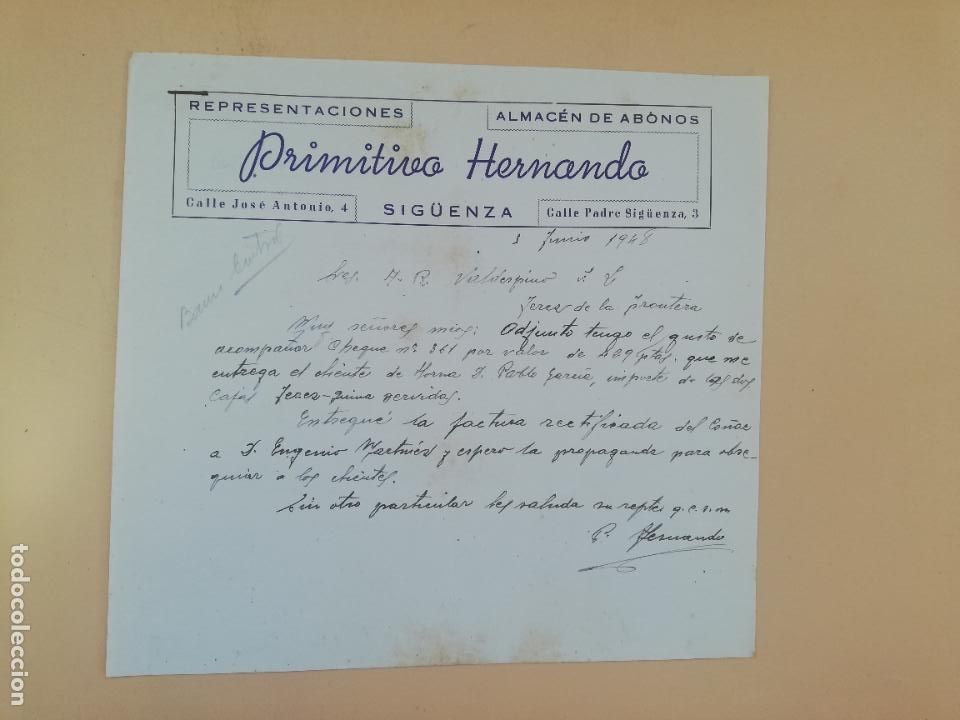 Commercial Letters: CARTA COMERCIAL. ALMACEN DE ABONOS. PRIMITIVO HERNANDO. SIG&Uuml;ENZA, 1948.