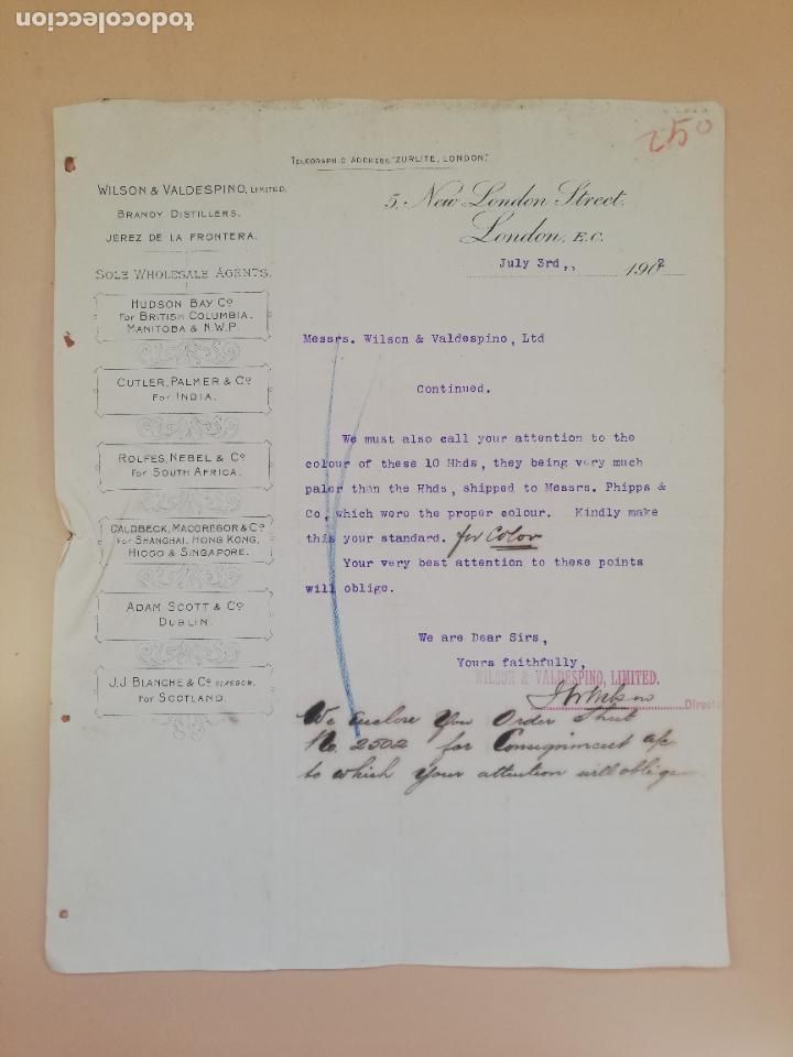 Commercial Letters: CARTA COMERCIAL. WILSON & VALDESPINO. LIMITED. BRANDY DISTILLERS. LONDON, 1902.