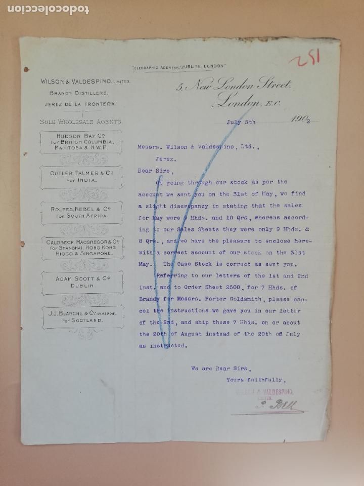 Commercial Letters: CARTA COMERCIAL. WILSON & VALDESPINO. LIMITED. BRANDY DISTILLERS. LONDON, 1902.