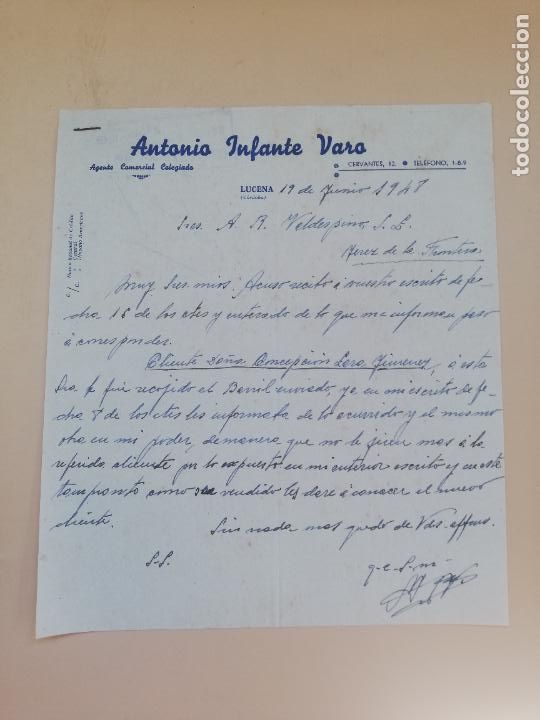 Commercial Letters: CARTA COMERCIAL. ANTONIO INFANTE VARO. LUCENA, CORDOBA, 1948.