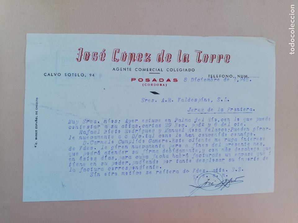 Commercial Letters: CARTA COMERCIAL. JOSE LOPEZ DE LA TORRE. AGENTE COMERCIAL COLEGIADO. POSADAS, CORDOBA, 1948.