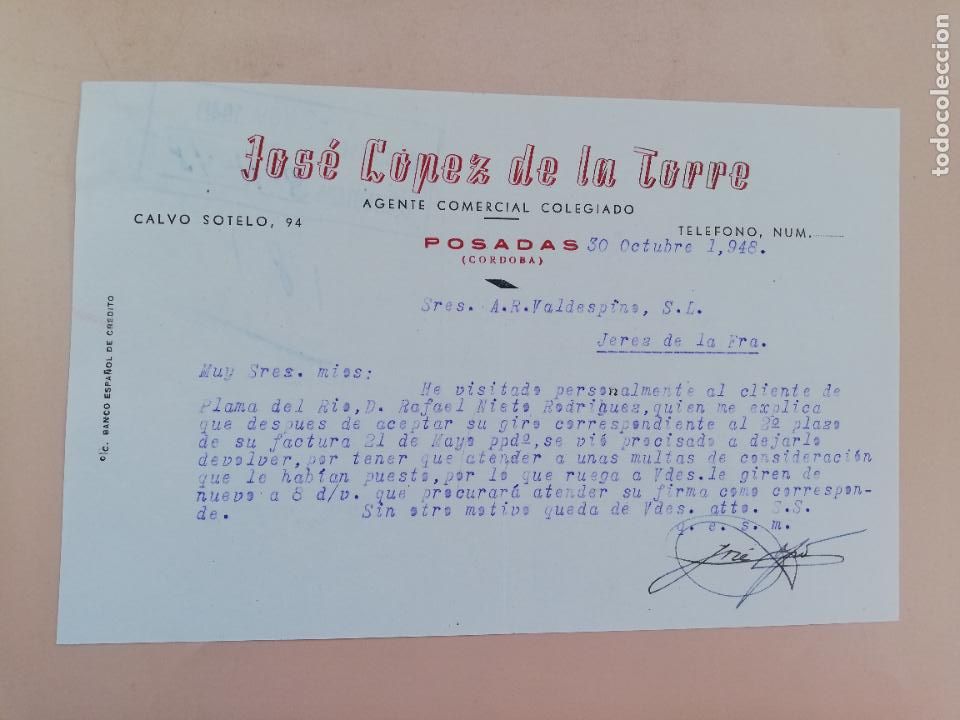 Commercial Letters: CARTA COMERCIAL. JOSE LOPEZ DE LA TORRE. AGENTE COMERCIAL COLEGIADO. POSADAS, CORDOBA, 1948.