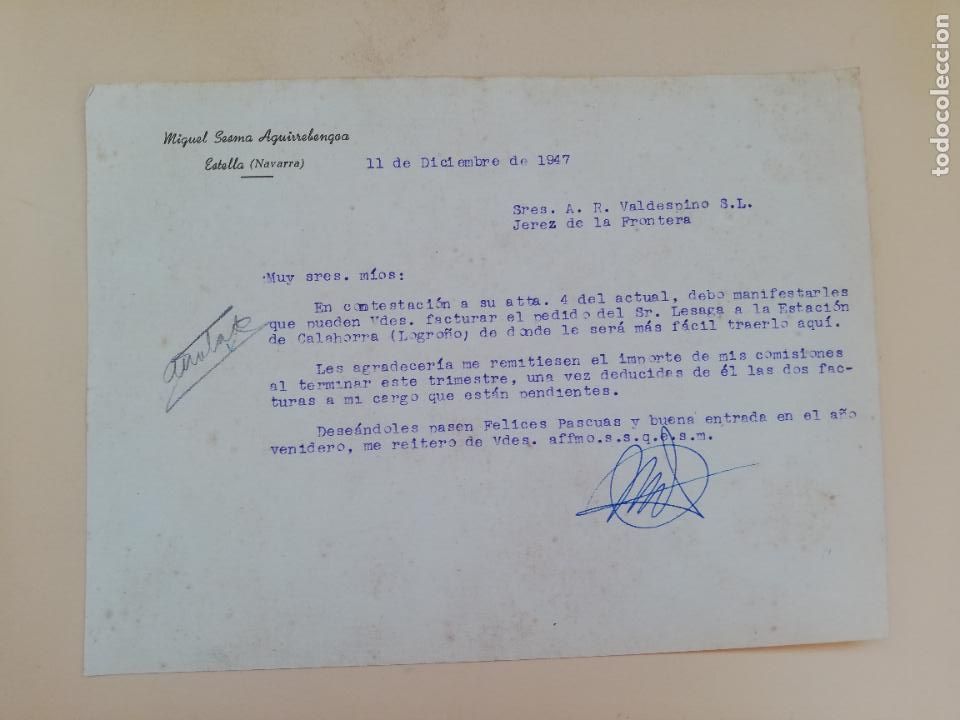Cartas comerciais: CARTA COMERCIAL. MIGUEL SESMA AGUIRREBENGOA. ESTELLA, NAVARRA. 1947.