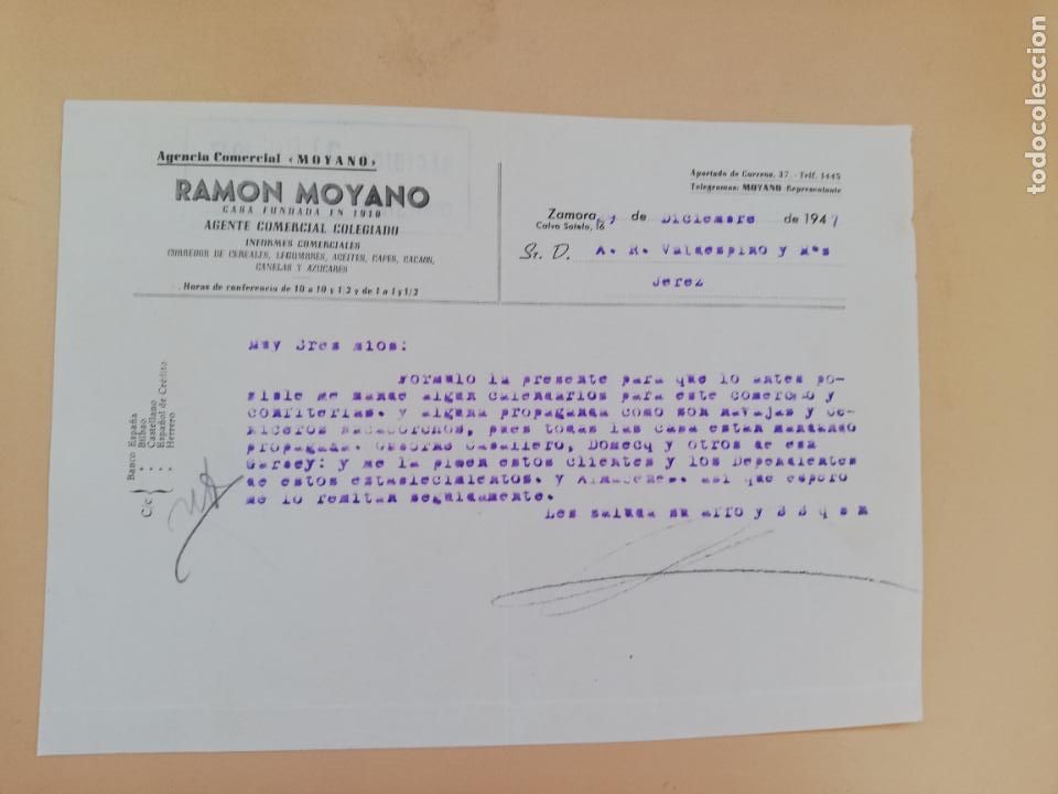 Cartas comerciais: CARTA COMERCIAL. RAMON MOYANO. AGENTE COMERCIAL COLEGIADO. ZAMORA. 1947.
