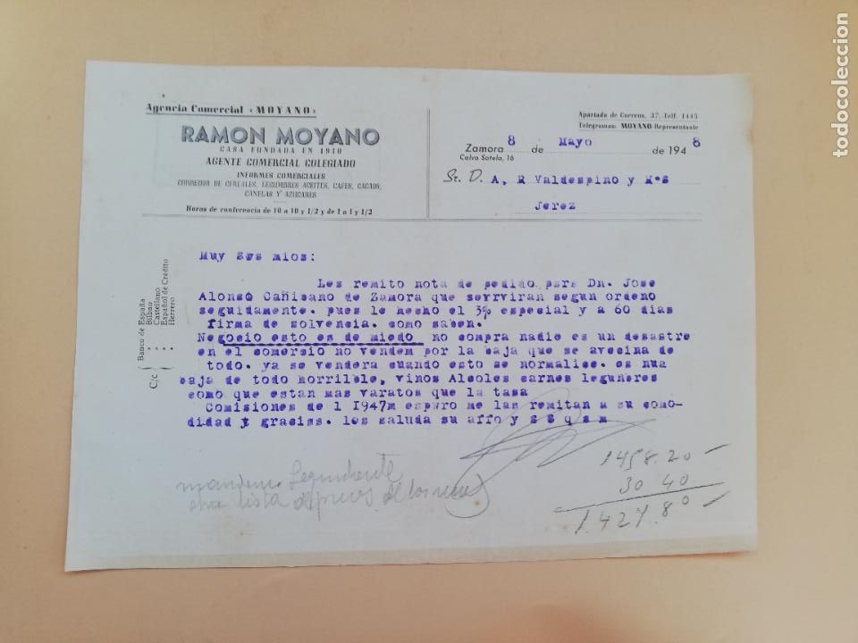 Cartas comerciais: CARTA COMERCIAL. RAMON MOYANO. AGENTE COMERCIAL COLEGIADO. ZAMORA. 1947.