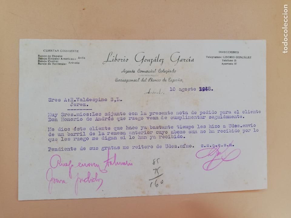Cartas comerciais: CARTA COMERCIAL. LIBORIO GONZALEZ GARCIA. AGENTE COMERCIAL COLEGIADO. AREVALO, AVILA. 1948.