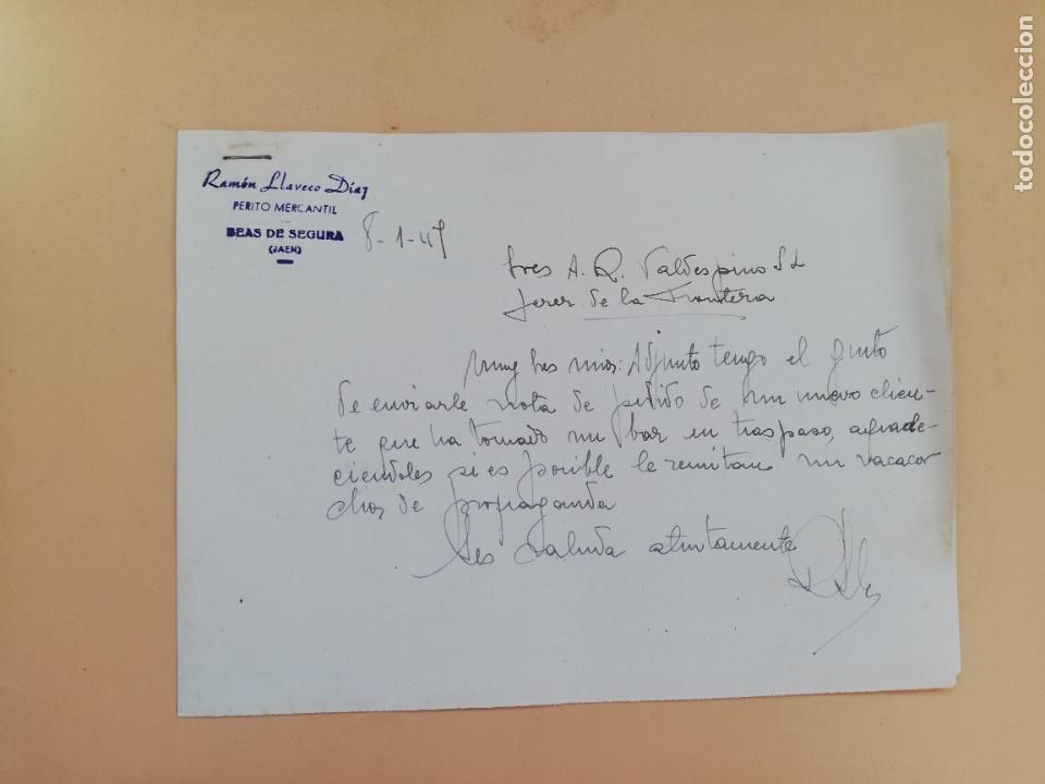 Cartas comerciais: CARTA COMERCIAL. RAMON LLAVERO DIAZ. PERITO MERCANTIL. BEAS DE SEGURA, JAEN. 1948. DOS HOJAS.