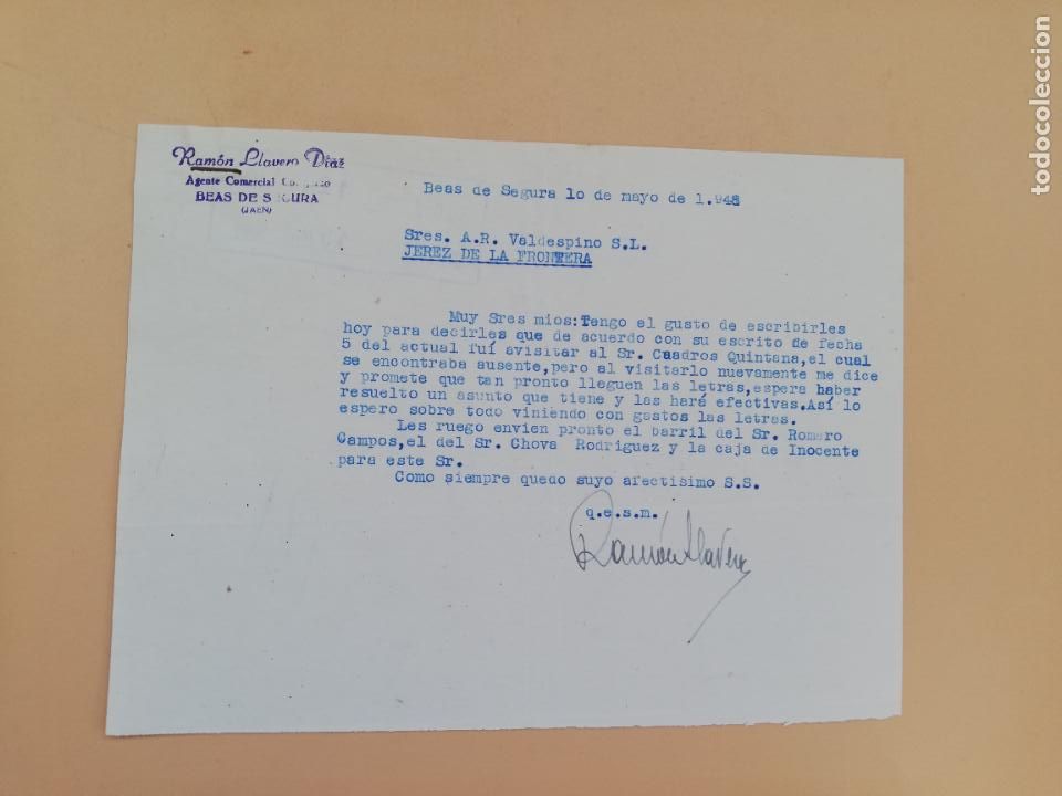 Cartas comerciais: CARTA COMERCIAL. RAMON LLAVERO DIAZ. PERITO MERCANTIL. BEAS DE SEGURA, JAEN. 1948.