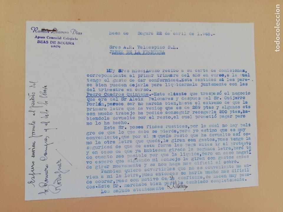 Cartas comerciais: CARTA COMERCIAL. RAMON LLAVERO DIAZ. PERITO MERCANTIL. BEAS DE SEGURA, JAEN. 1948.