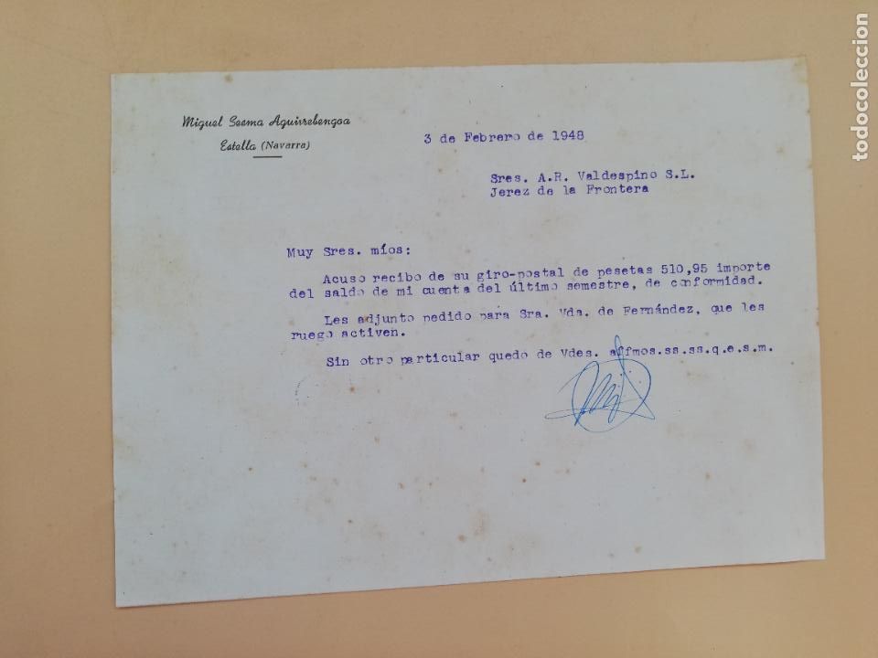Cartas comerciais: CARTA COMERCIAL. MIGUEL SESMA AGUIRREBENGOA. ESTELLA, NAVARRA. 1948.