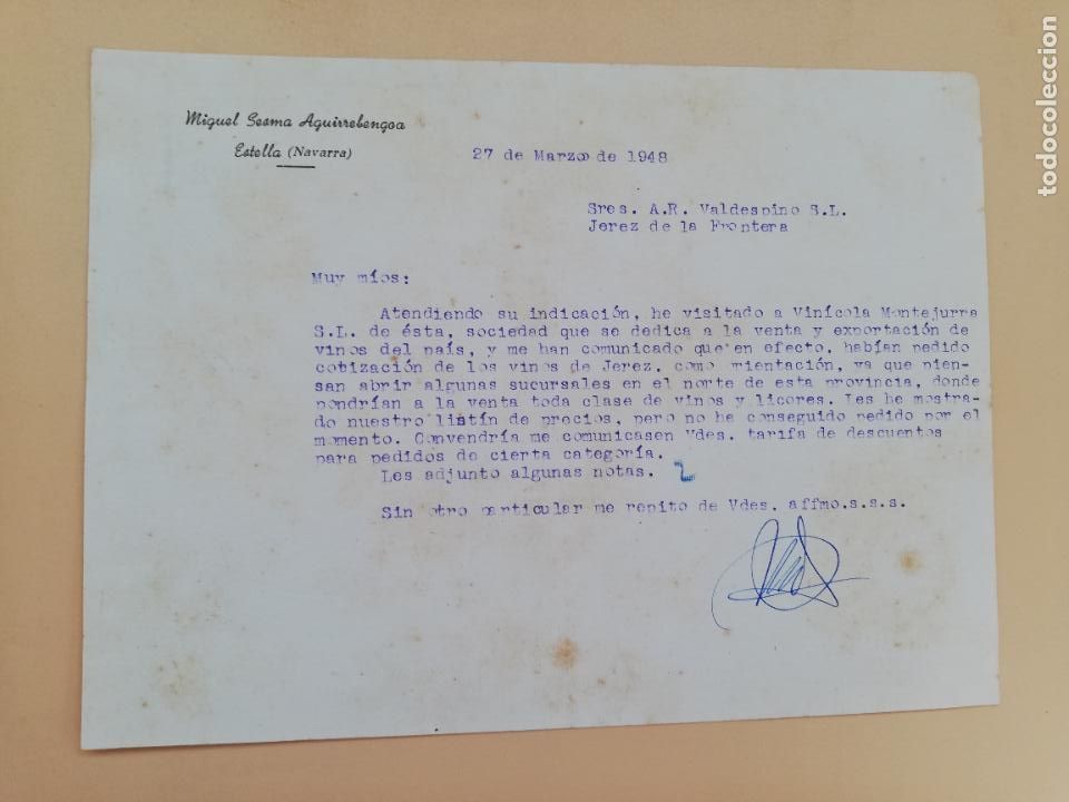 Cartas comerciais: CARTA COMERCIAL. MIGUEL SESMA AGUIRREBENGOA. ESTELLA, NAVARRA. 1948.