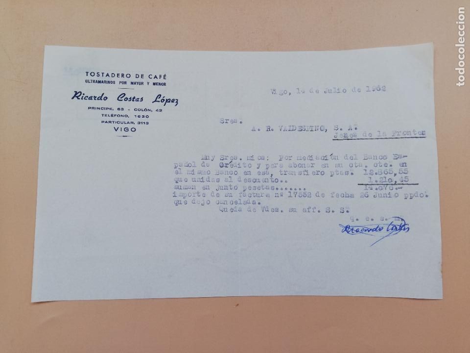 Cartas comerciais: CARTA COMERCIAL. TOSTADERO DE CAFE. RICARDO COSTAS LOPEZ. VIGO. 1962.