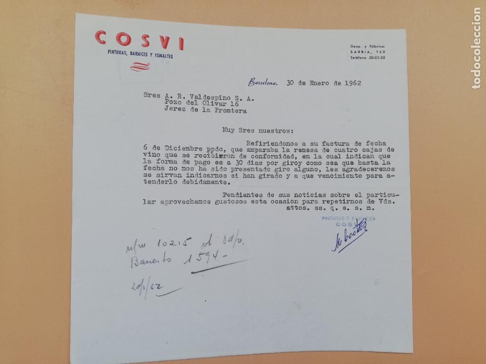 Cartas comerciais: CARTA COMERCIAL. COSVI. PINTURAS, BARNICES Y ESMALTES. BARCELONA. 1962.